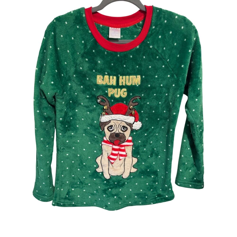 Holiday “Ugly Sweater” time Green Fleece Sweater Pug dangling jingle bells